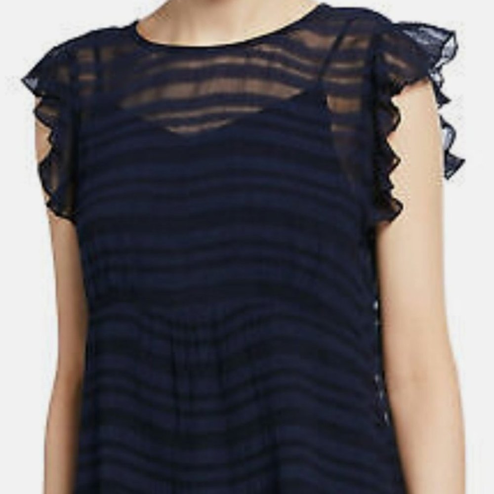 FRAME Ruffle Shoulder Sheer Stripe Sleeveless Navy Blouse Size L